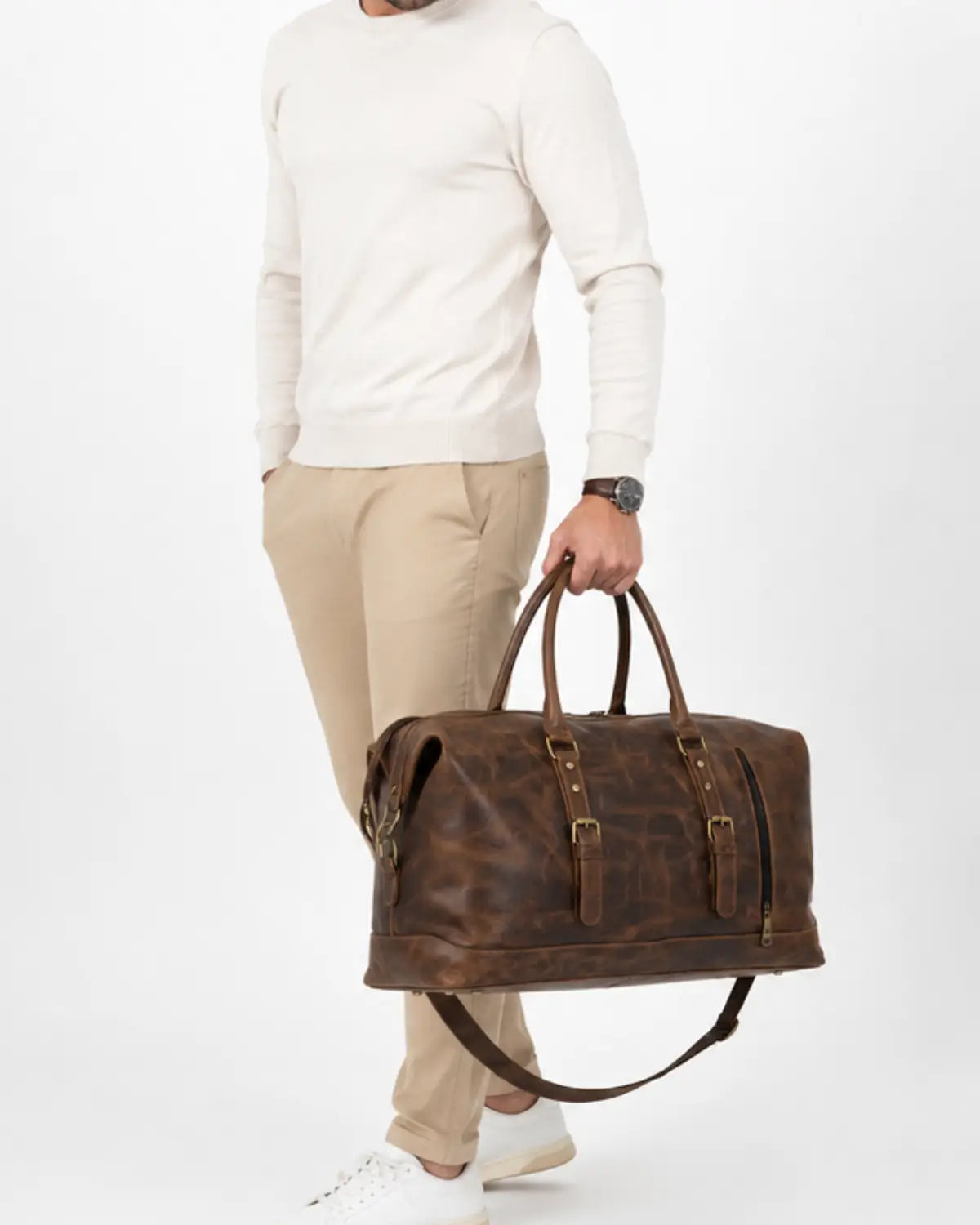 Vintage brown leather weekender travel bag