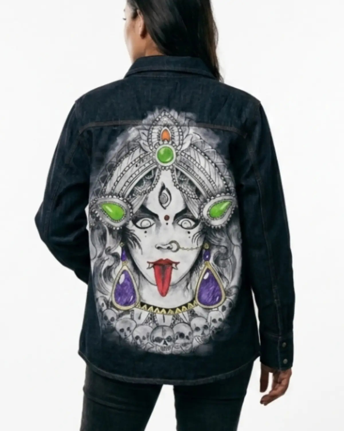 Hand painted dark denim jacket for women and unisex wear with colorful goddess artwork on the back