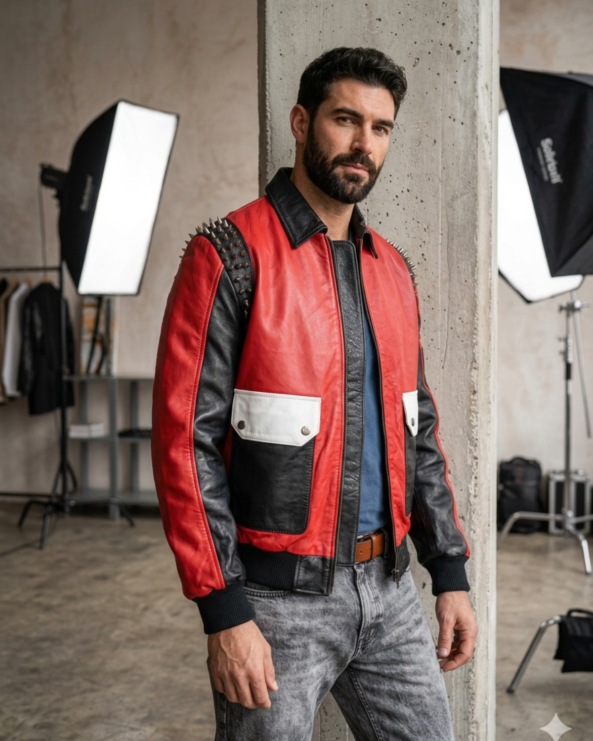 Marvel Men Red/Black Designer StreetWear Bomber with Spike and Big Pockets
