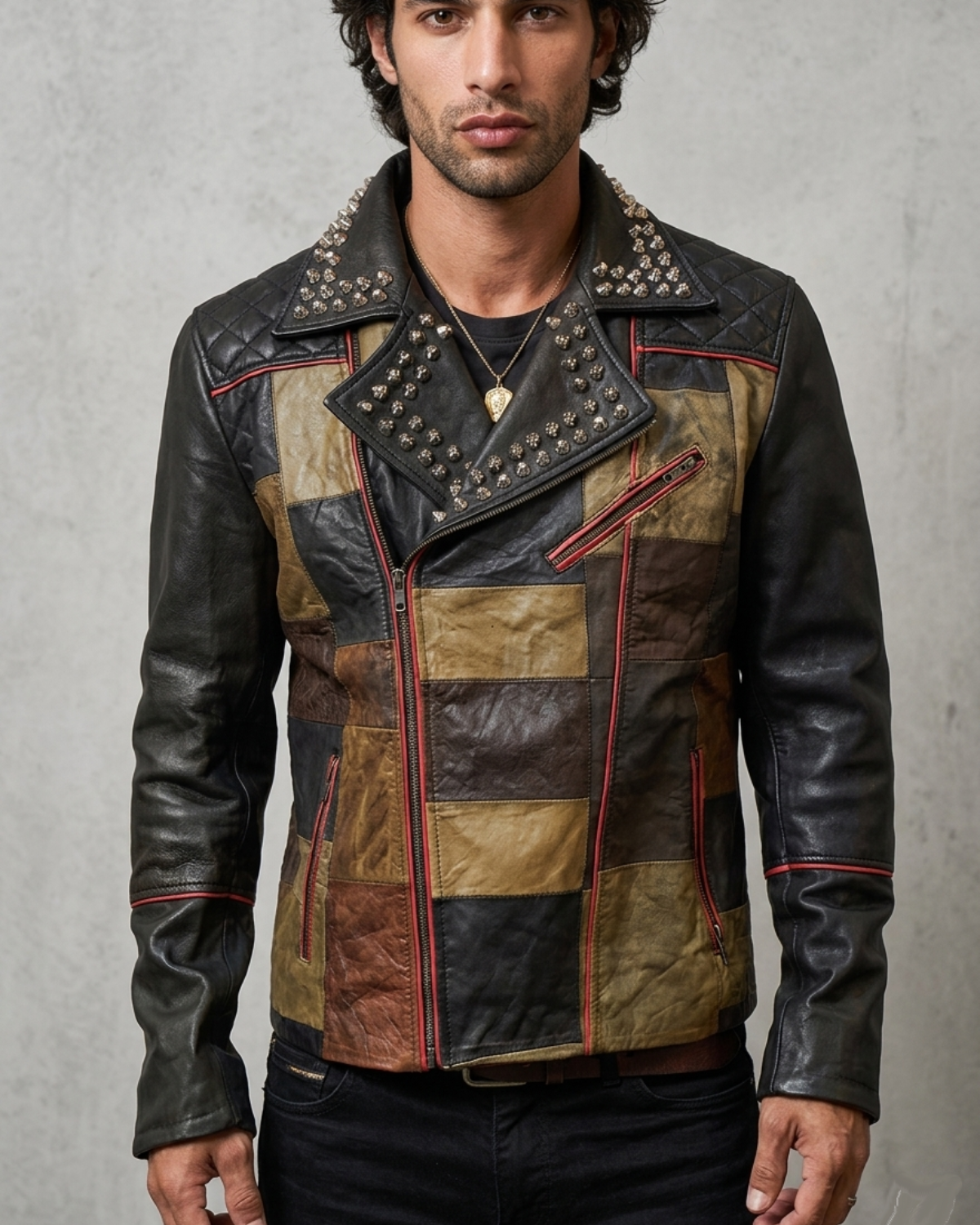 Multi Color  Mens Patch Biker Glass Revits at lapel & Collar