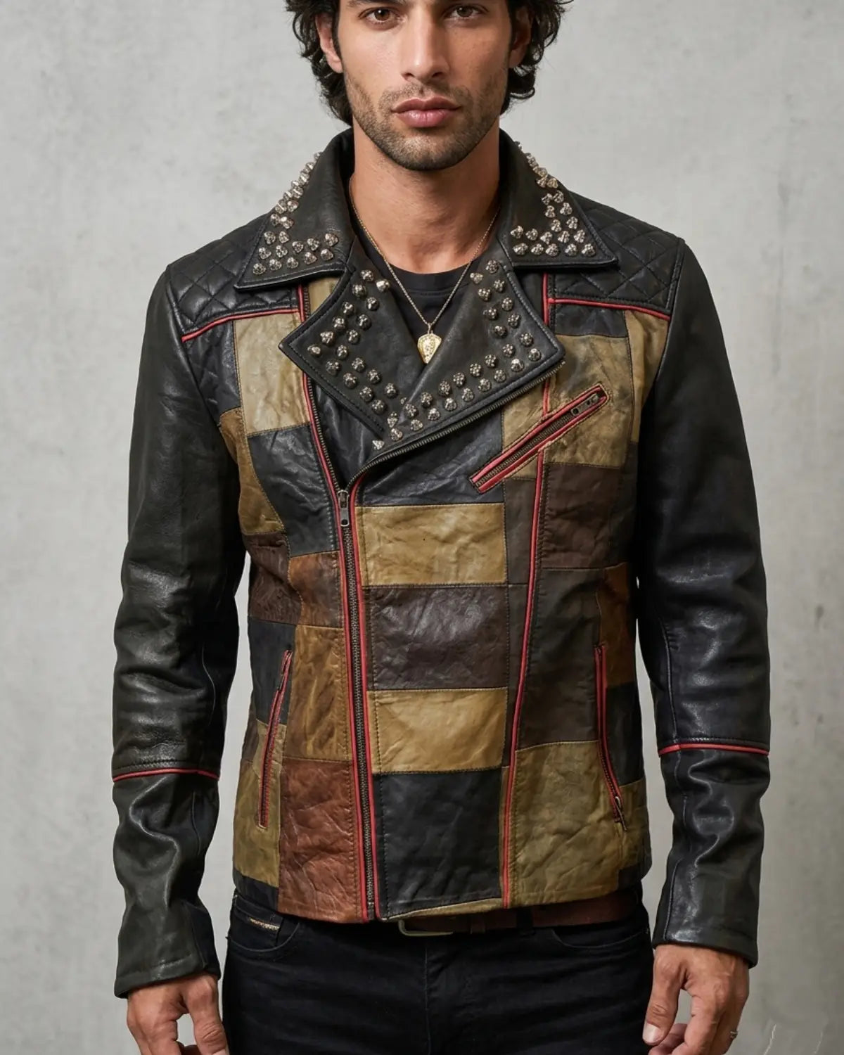 Multi Color  Mens Patch Biker Glass Revits at lapel & Collar