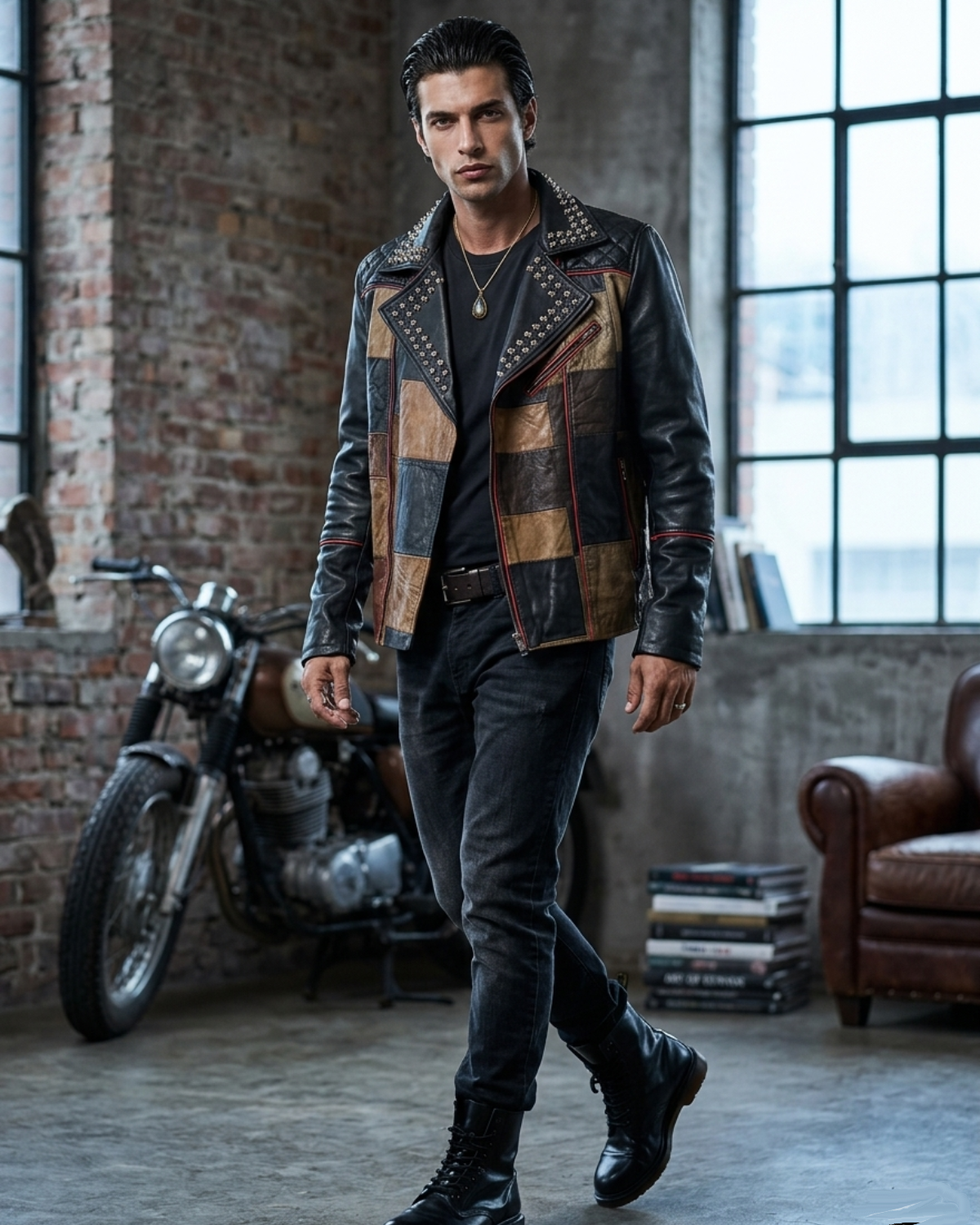 Multi Color  Mens Patch Biker Glass Revits at lapel & Collar