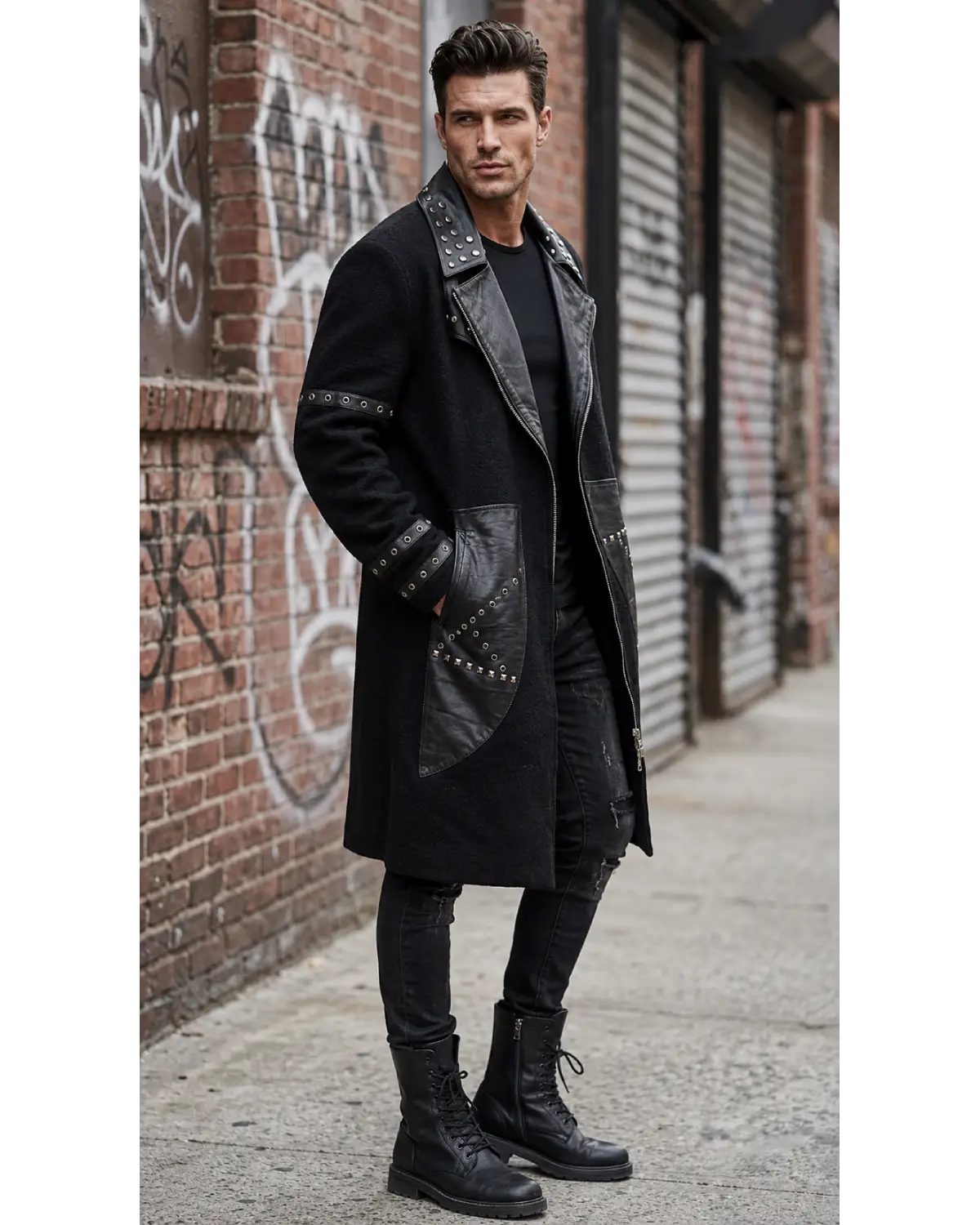 A man wearing a long black studded leather coat over a black outfit, standing on a city sidewalk next to a brick wall with graffiti.