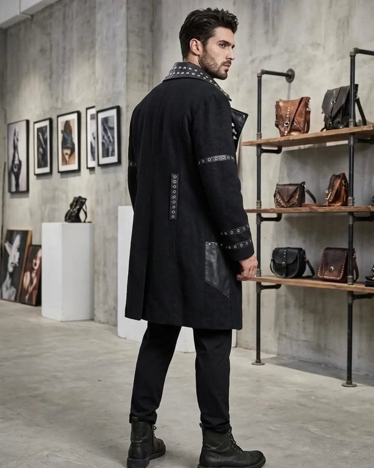 Men's Black Gothic Leather & Wool Trench Coat