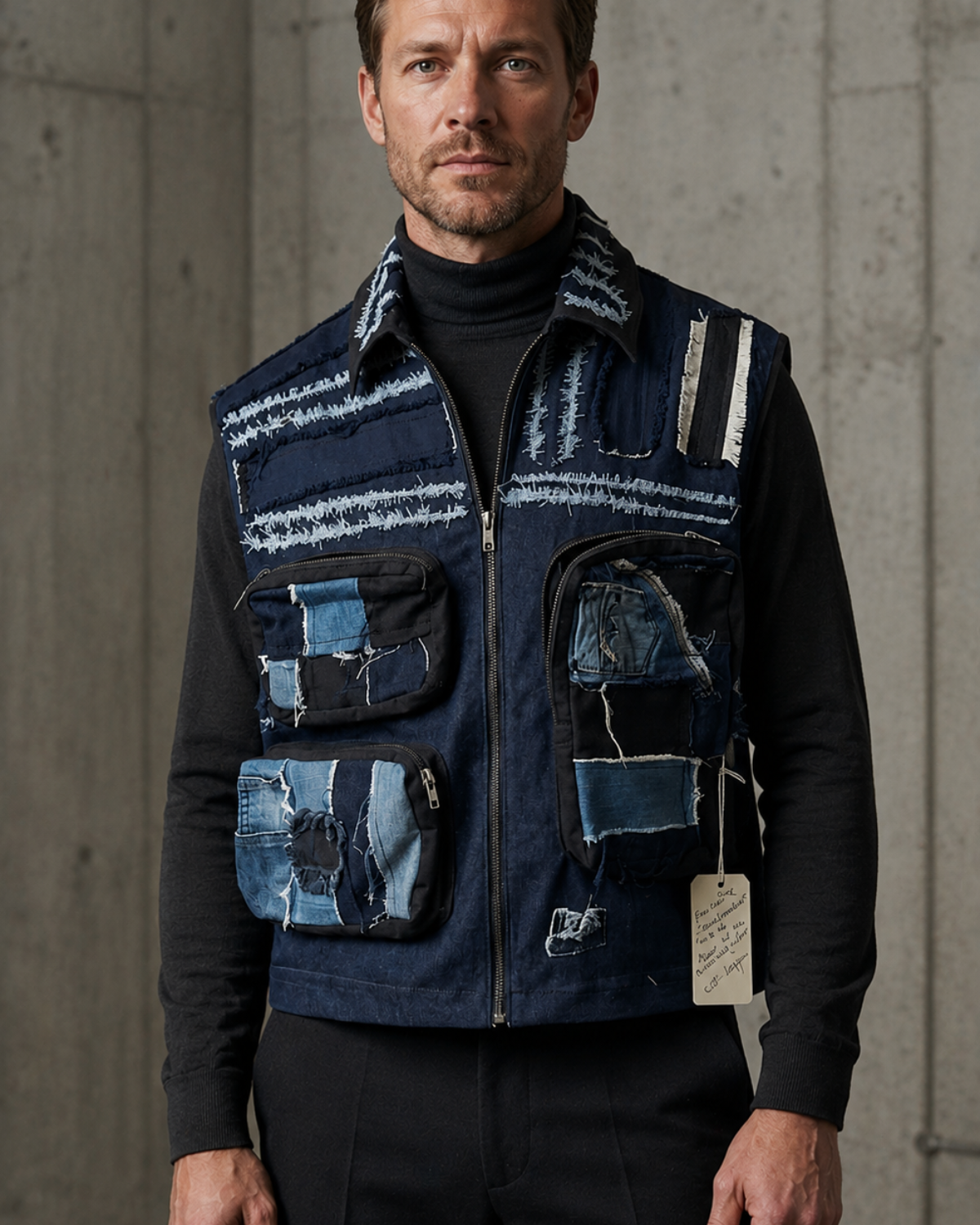 Handmade Multi-Pocket Patchwork Denim Vest – Unisex Reworked Denim Jacket
