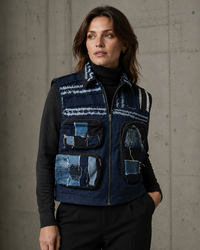 Handmade Multi-Pocket Patchwork Denim Vest – Unisex Reworked Denim Jacket