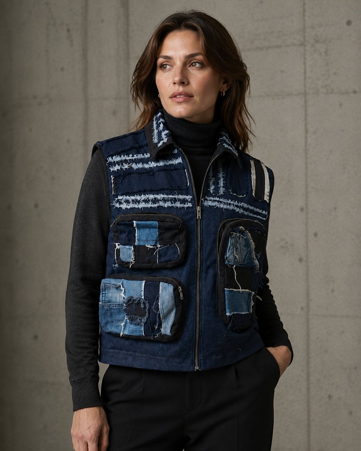Handmade Multi-Pocket Patchwork Denim Vest – Unisex Reworked Denim Jacket
