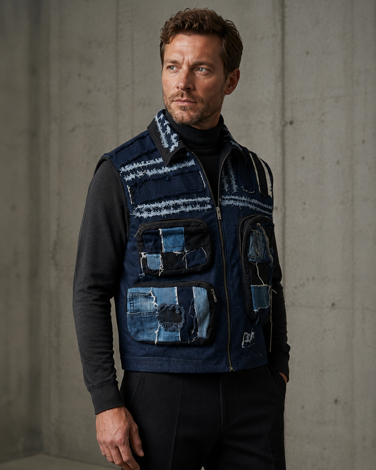 Handmade Multi-Pocket Patchwork Denim Vest – Unisex Reworked Denim Jacket