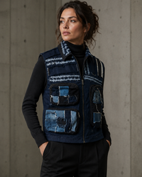 Handmade Multi-Pocket Patchwork Denim Vest – Unisex Reworked Denim Jacket