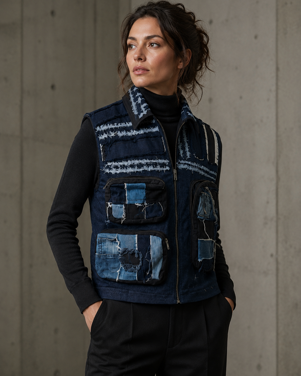 Handmade Multi-Pocket Patchwork Denim Vest – Unisex Reworked Denim Jacket