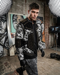 Men’s Edgy Military-Inspired Leather Jacket with Metal Rivet Detailing
