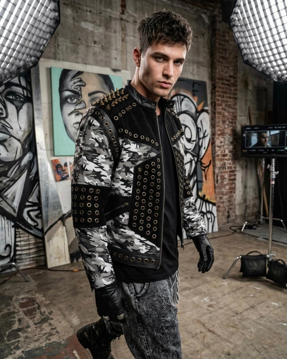 Men’s Edgy Military-Inspired Leather Jacket with Metal Rivet Detailing