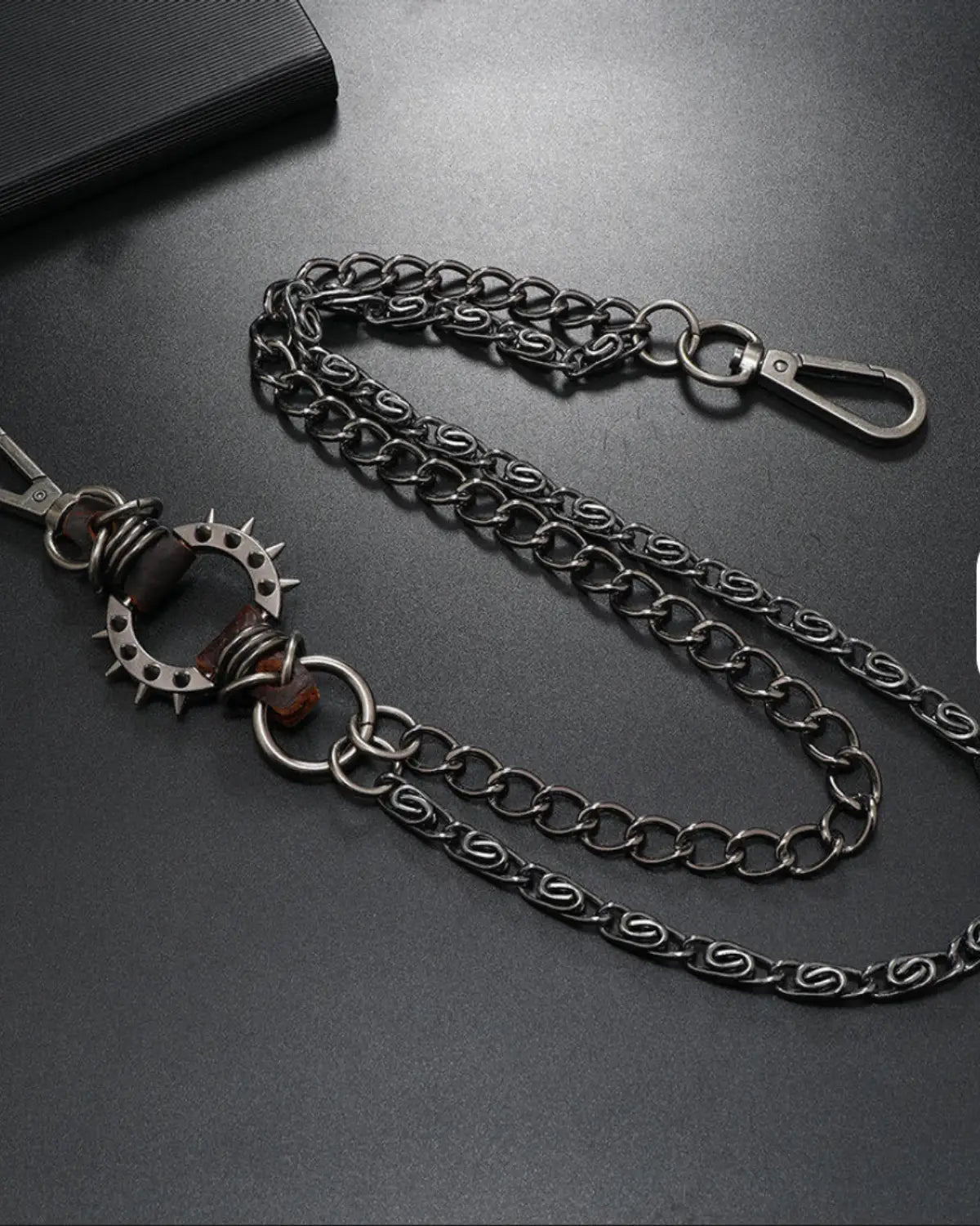 Black Gothic Trouser Chain with Spike Ring & Leather Accents