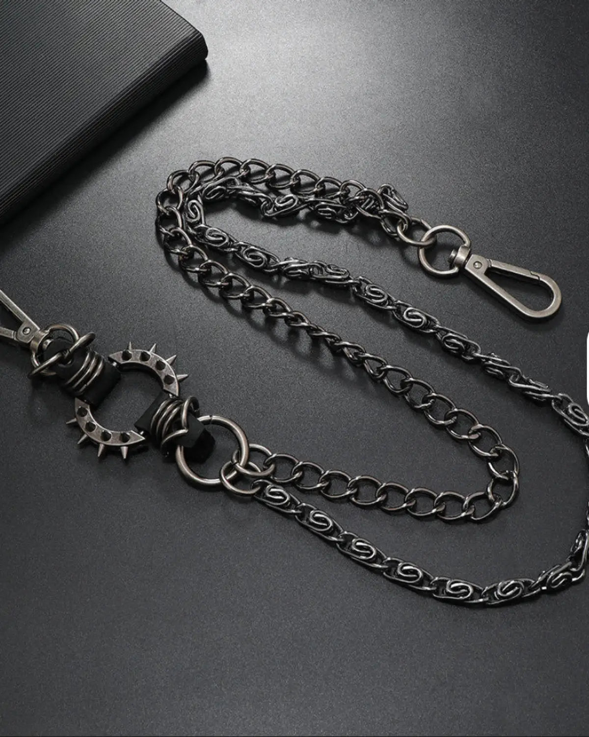 Black Gothic Trouser Chain with Spike Ring & Leather Accents