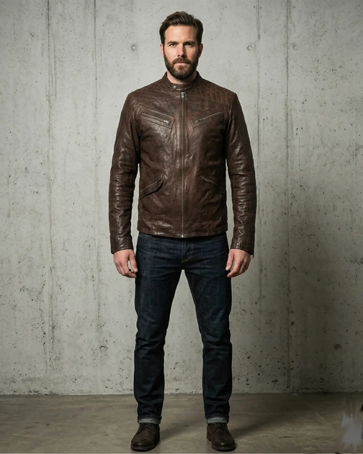 Men's Leather Washed Vintage Biker Studded Jacket