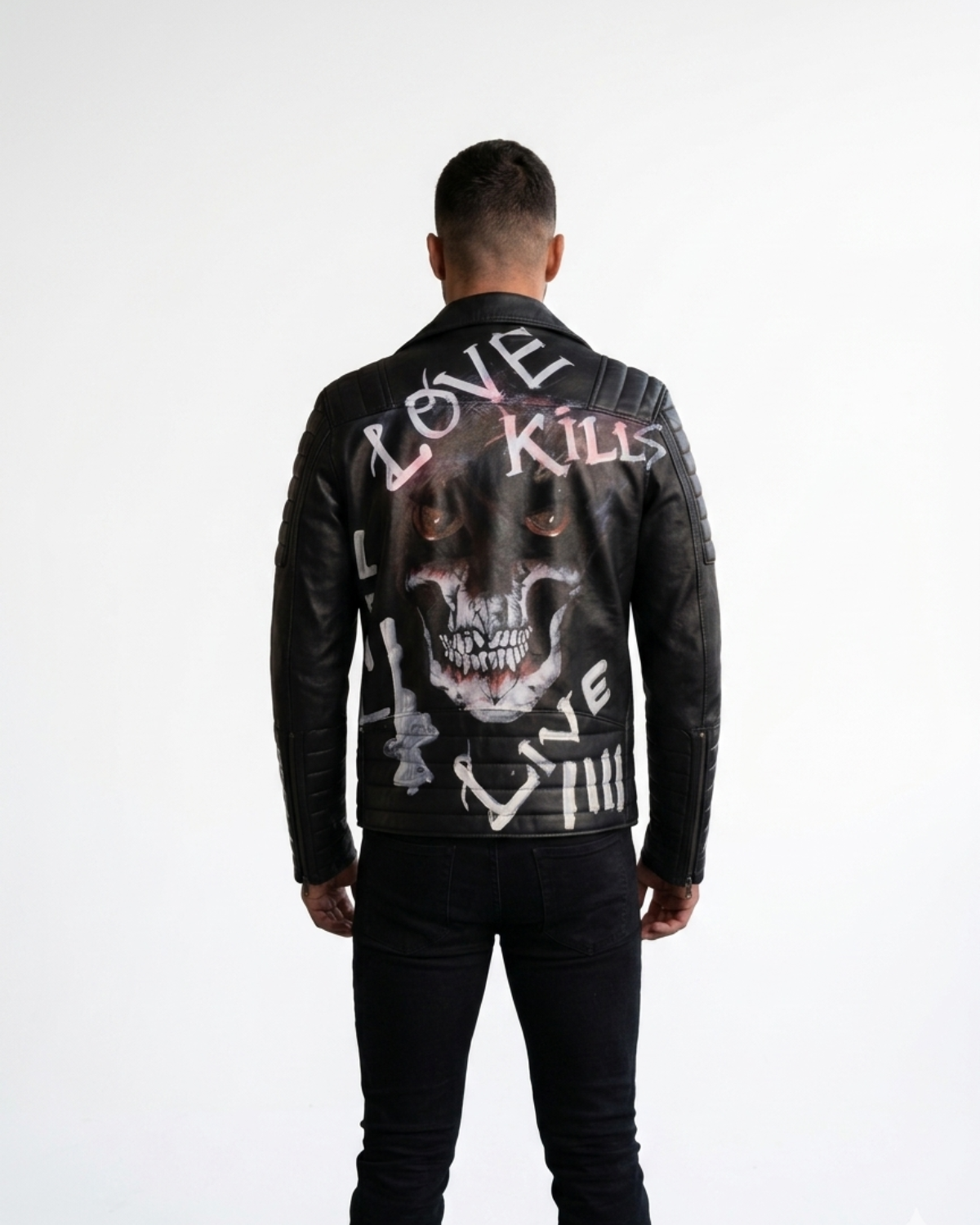 Hand Painted Love Kill Skull Leather mens Jacket 