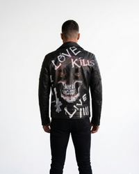 Hand Painted Love Kill Skull Leather mens Jacket 