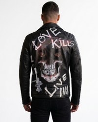 Hand Painted Love Kill Skull Leather mens Jacket 
