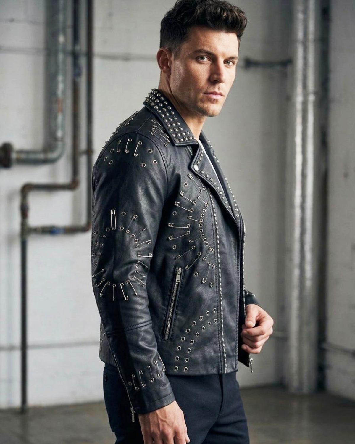 Handcrafted Men's Gothic Stud and Safety Pin Leather Moto Jacket