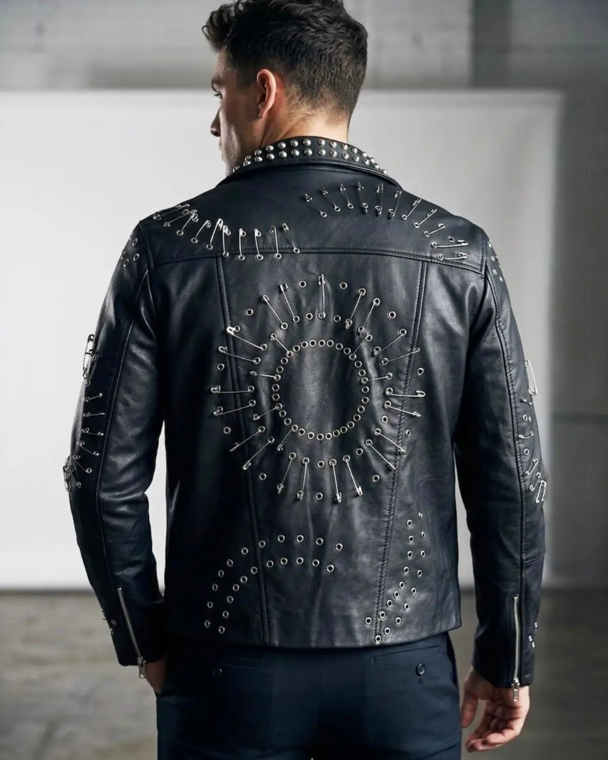 Handcrafted Men's Gothic Stud and Safety Pin Leather Moto Jacket