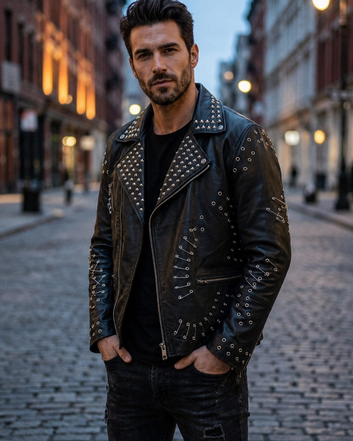 Handcrafted Men's Gothic Stud and Safety Pin Leather Moto Jacket