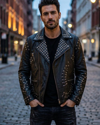 Handcrafted Men's Gothic Stud and Safety Pin Leather Moto Jacket