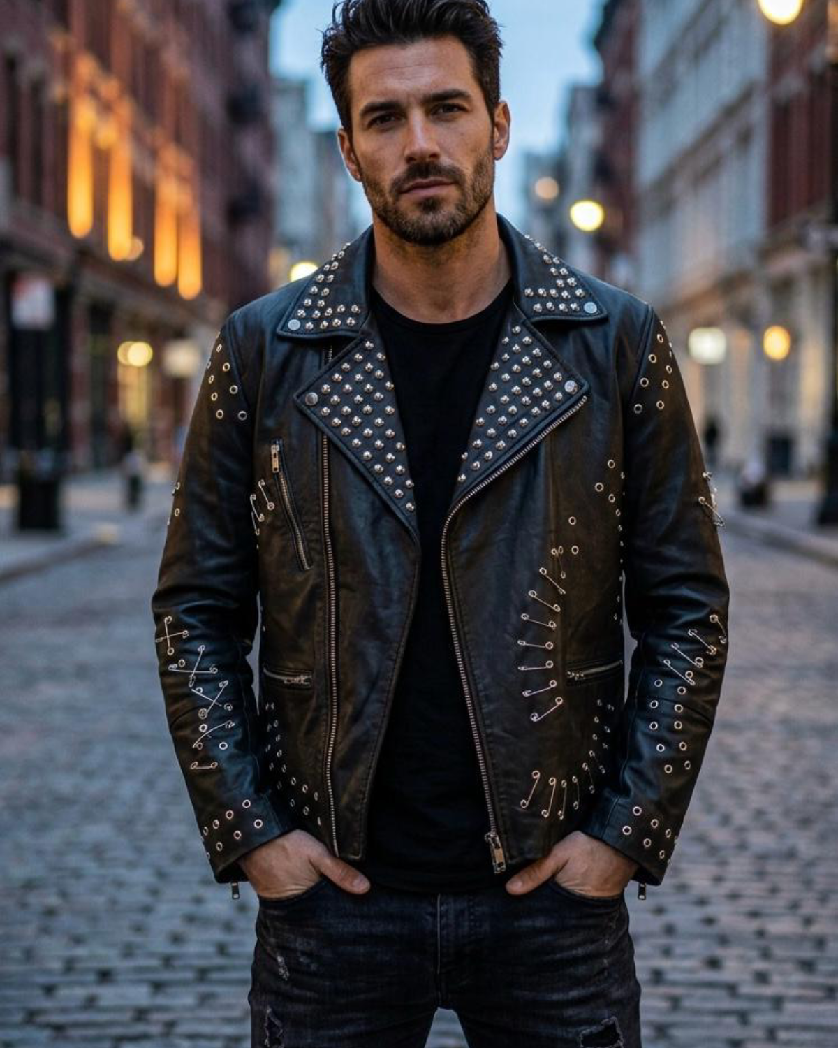Handcrafted Men's Gothic Stud and Safety Pin Leather Moto Jacket