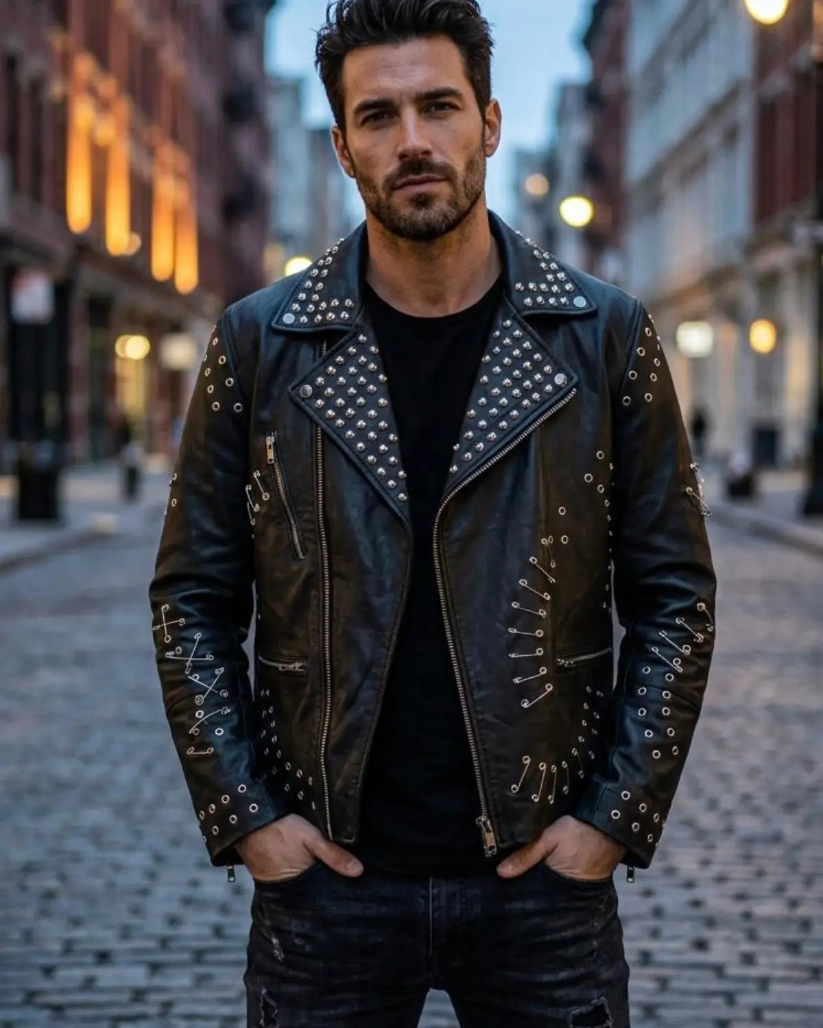 Handcrafted Men's Gothic Stud and Safety Pin Leather Moto Jacket