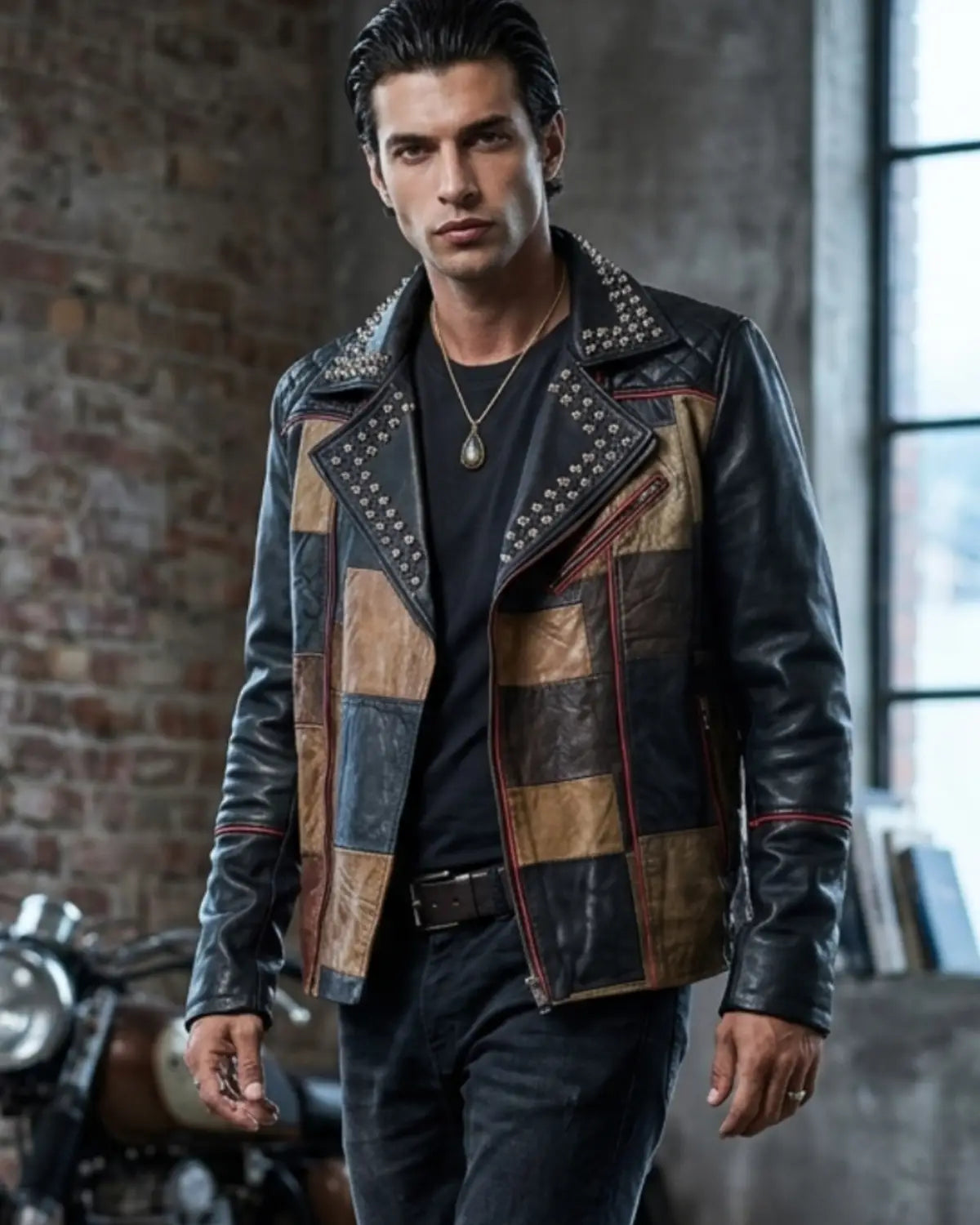 Multi Color  Mens Patch Biker Glass Revits at lapel & Collar