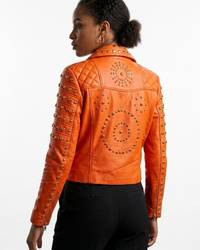 Studded  Orange leather Jacket 
