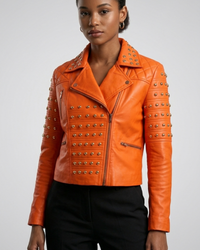 Studded  Orange leather Jacket 
