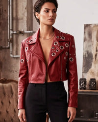 NOVA GROMMET LEATHER CROPP BIKER JACKET