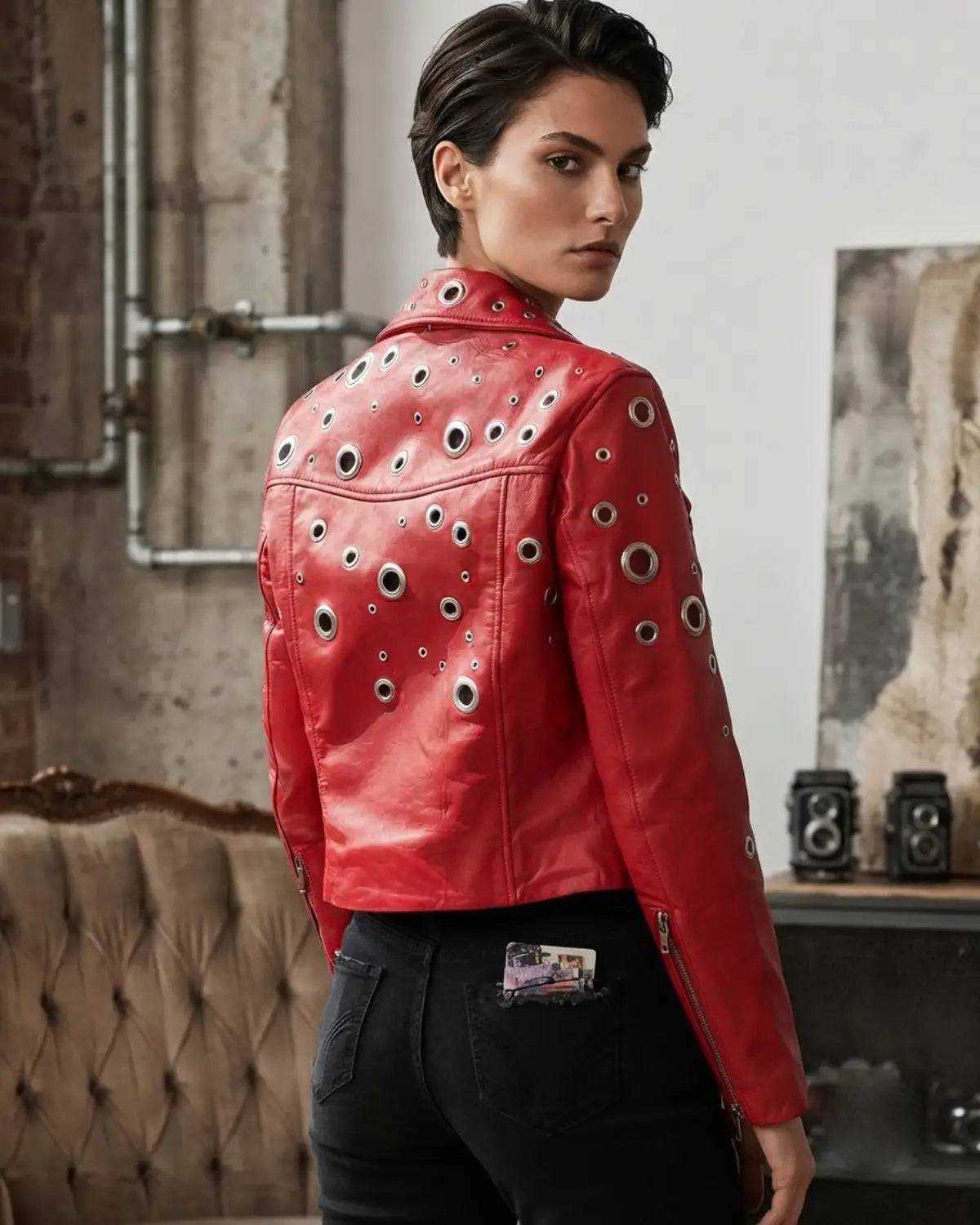 NOVA GROMMET LEATHER CROPP BIKER JACKET