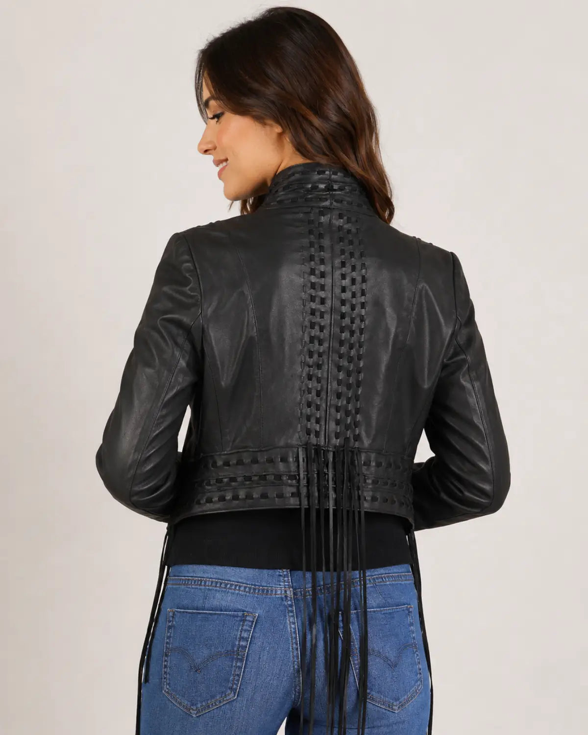 Designer Women Hand Woven Fringed Leather Jacket