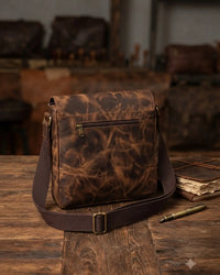 Buff crunch leather messenger crossbody bag with front zipper pocket