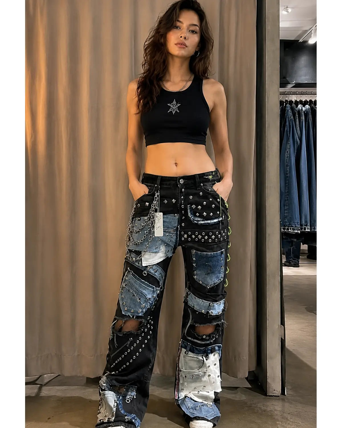 Handmade Patchwork Studded Denim Pants – Unisex Punk Streetwear Jeans
Regular Price