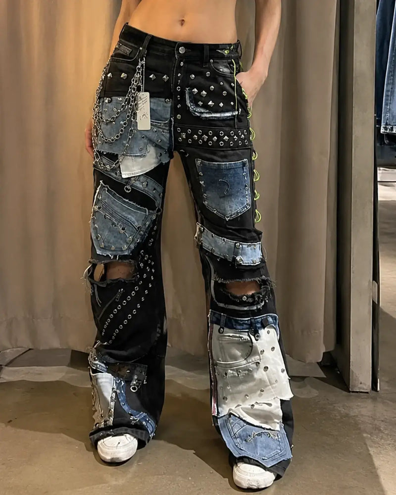 Handmade Patchwork Studded Denim Pants – Unisex Punk Streetwear Jeans
Regular Price
