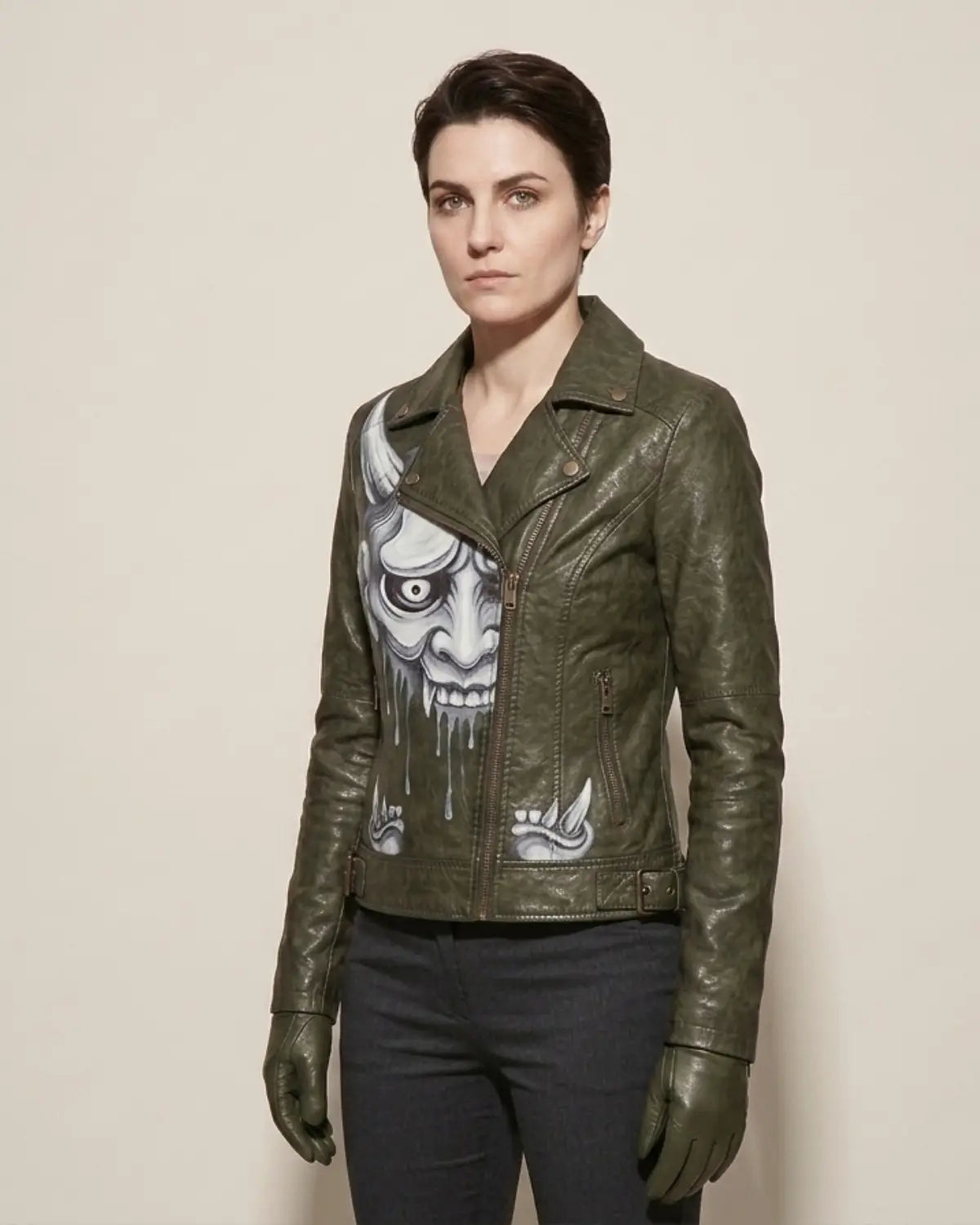 ONI DEMON HAND-PAINTED LEATHER BIKER JACKET