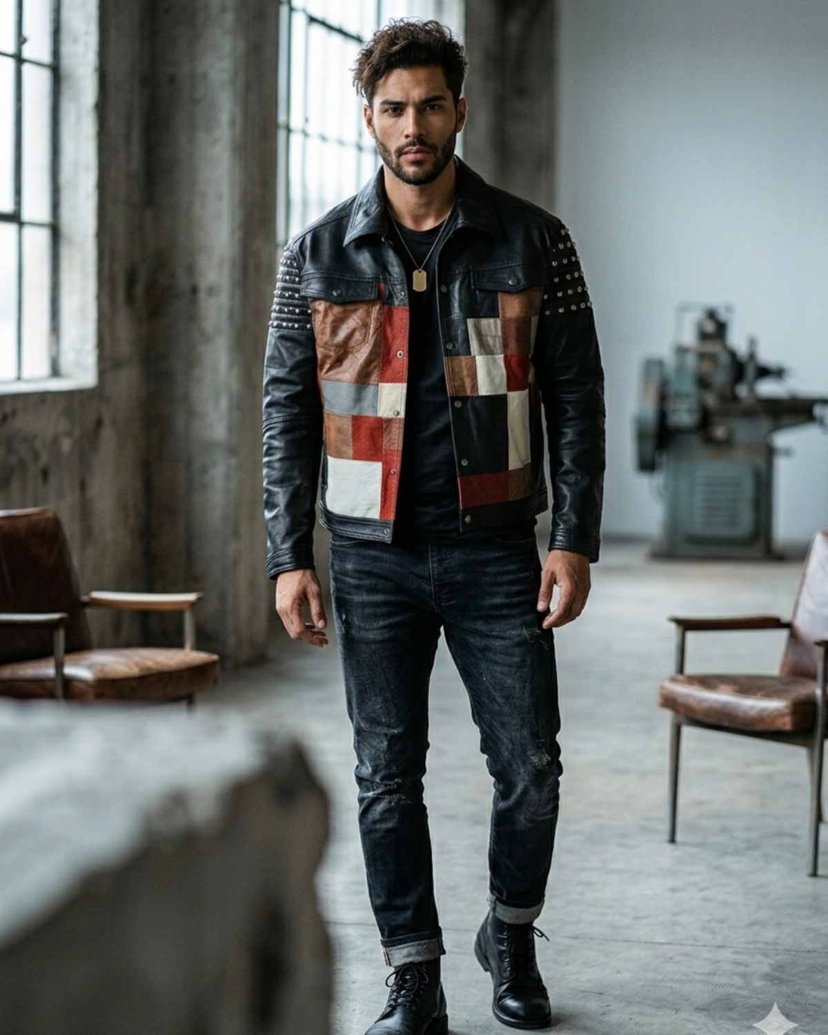 Gurus Jean Leather Jacket with Multi Patch