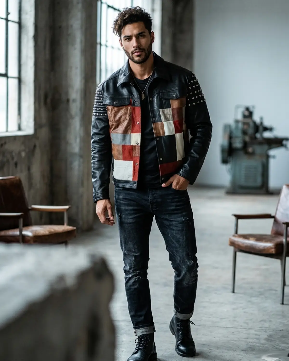 Gurus Jean Leather Jacket with Multi Patch