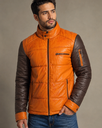 Alaska F-  Best Seller Men Leather Puffer Jacket with fabric Sleeve
