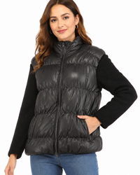 Designer Women Leather Puffer Down Jacket without Sleeve