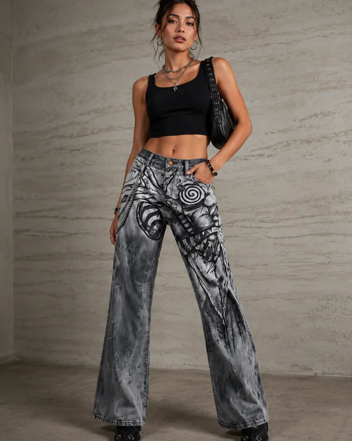 Hand Painted Denim Punk Gothic leather Artistic Pant