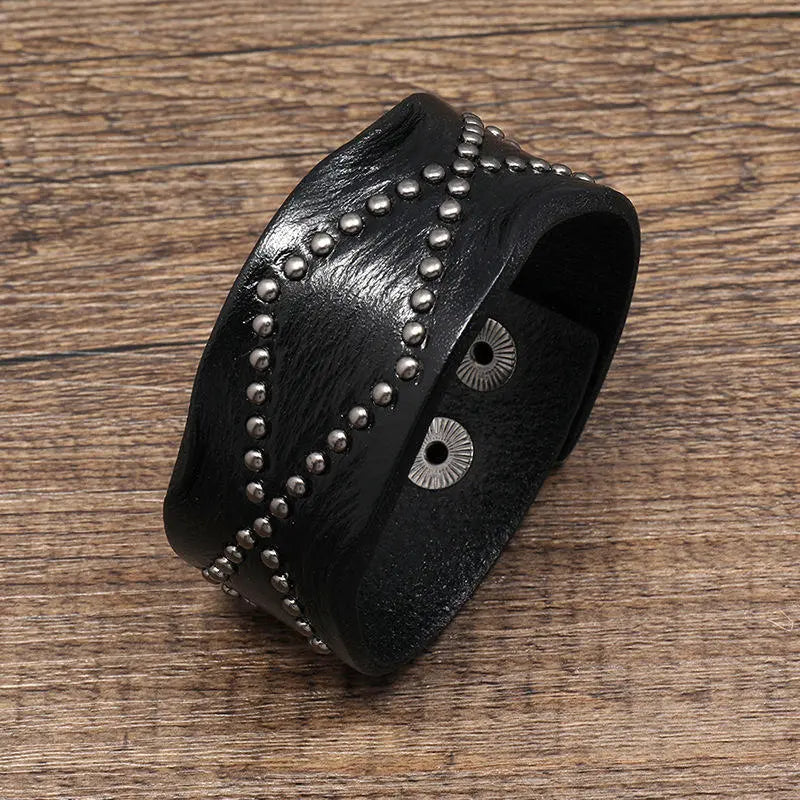 Punk Rock Genuine Leather Bracelet Handmade Fashionable Rivet Bracelets for Unisex- Black, Tan and Brown