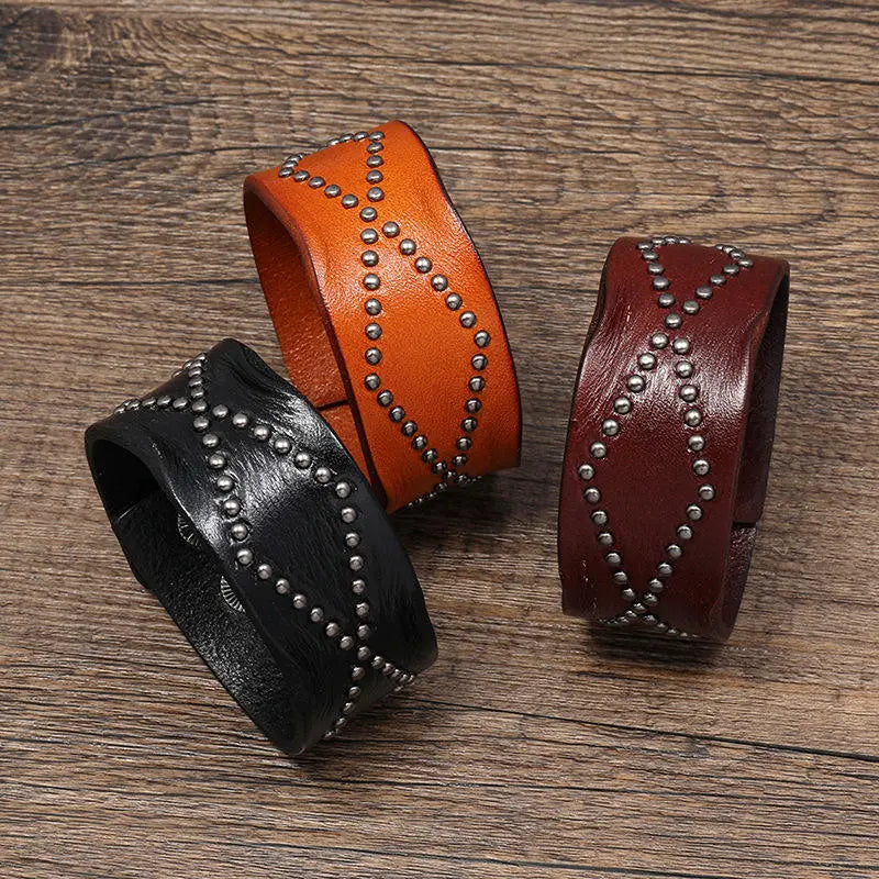 Punk Rock Genuine Leather Bracelet Handmade Fashionable Rivet Bracelets for Unisex- Black, Tan and Brown