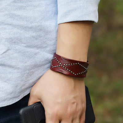 Punk Rock Genuine Leather Bracelet Handmade Fashionable Rivet Bracelets for Unisex- Black, Tan and Brown