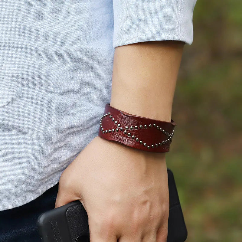 Punk Rock Genuine Leather Bracelet Handmade Fashionable Rivet Bracelets for Unisex- Black, Tan and Brown
