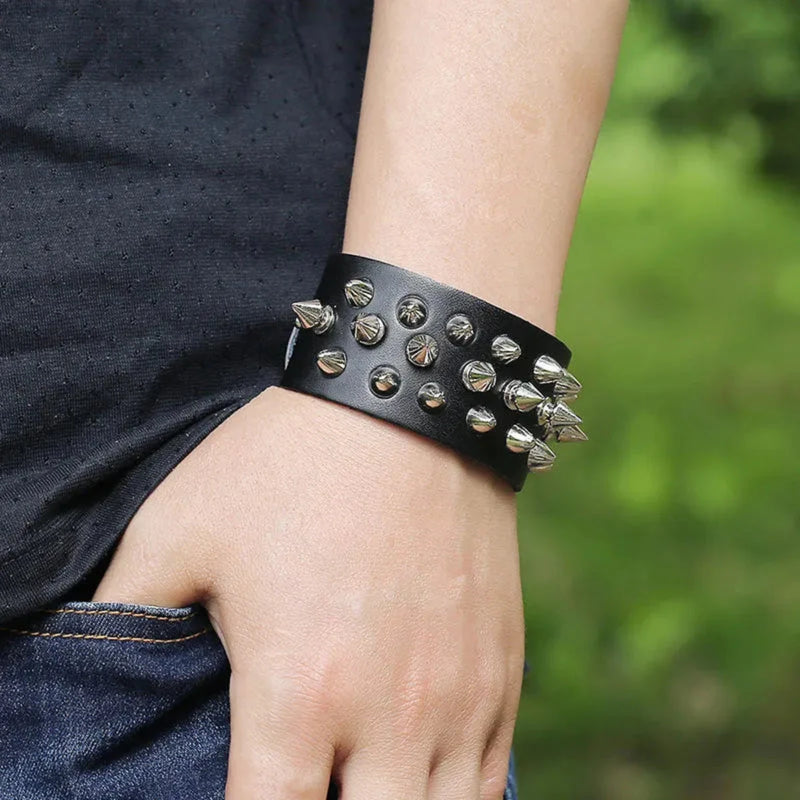 Punk Rock Genuine Leather Bracelet Handmade three row Spike Silver Studded Bracelets for Unisex- Black