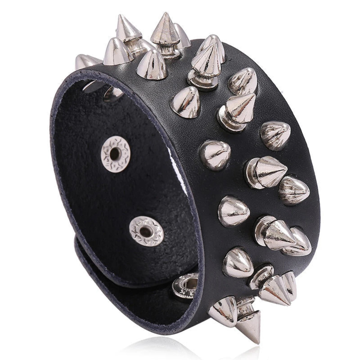A wide black leather cuff bracelet decorated with multiple silver-tone metallic spikes and rivets, shown on a plain white background.