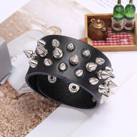 Black leather bracelet with silver spikes on  Punk Rock Genuine Leather Bracelet Handmade Spike Silver Studded Bracelets for Unisex- Black